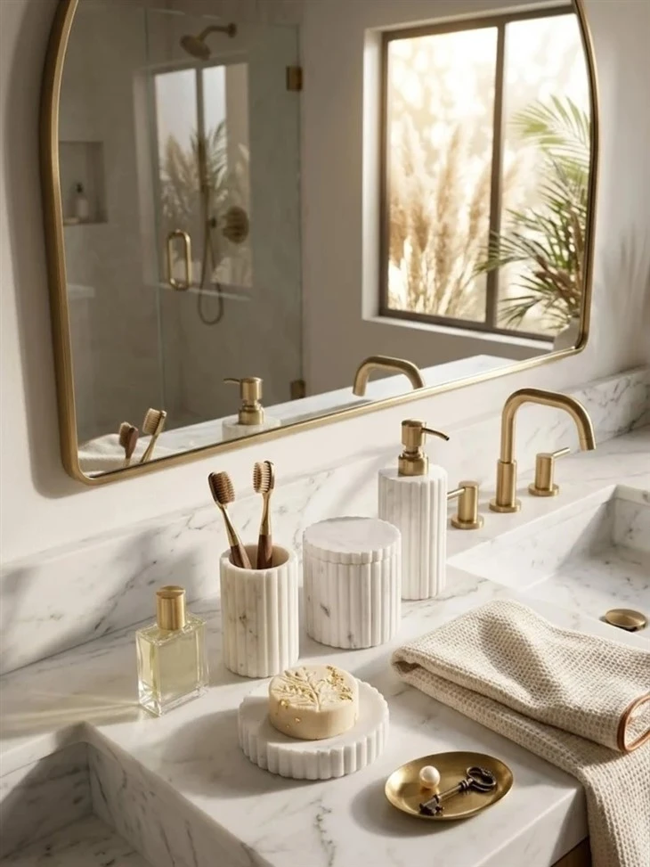 White Marble Bath Set Deep Vertical Fluting Across All Four Forms best