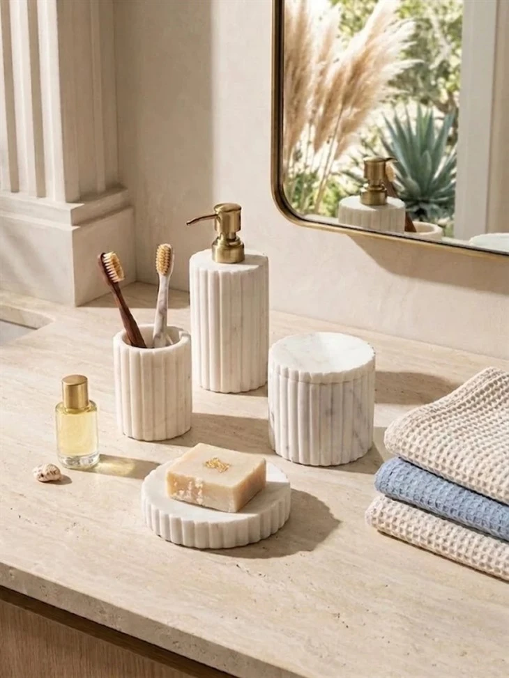White Marble Bath Mete gwo twou san fon vètikal Fluting atravè tout kat fòm