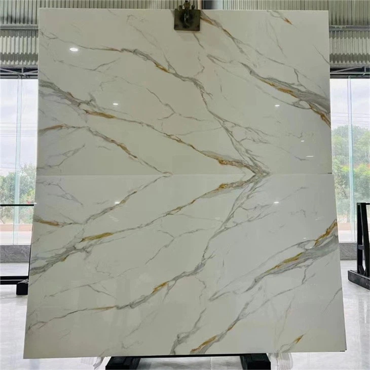 Gold Calacatta Nano Glass Big Slabs Veins Bookmatch