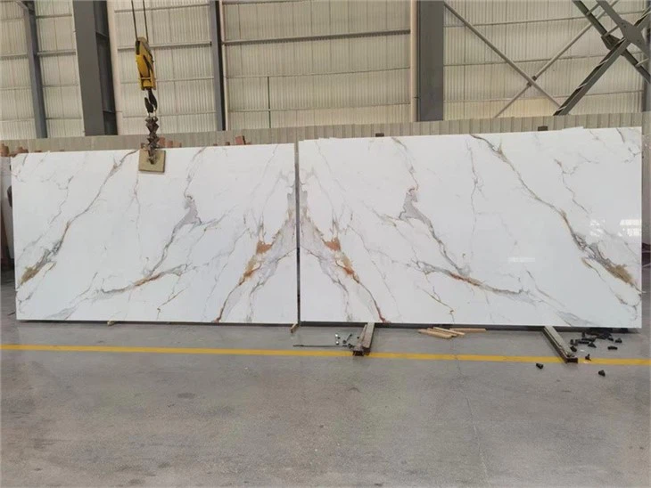 Gold Calacatta Nano Glass Big Slabs Veins Bookmatch